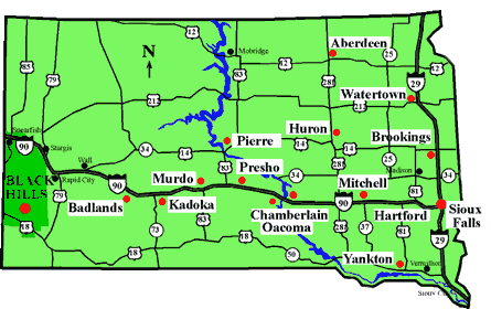 South Dakota City Map - Click on City for Directory Info.
